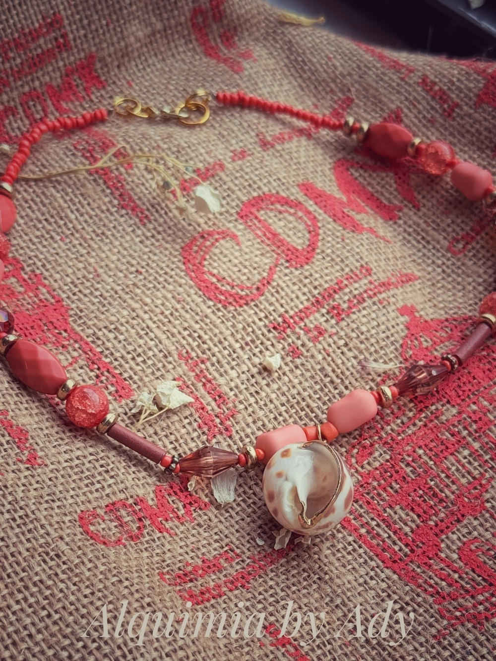 Coral quartz and Gold Beaded Necklace with Shell Accent